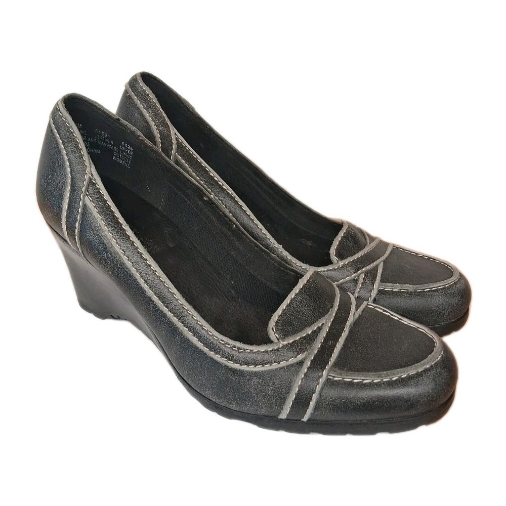 Timberland Platform Wedge Loafers Black Leather Mules Shoes Women's‎ 7.5 M Y2K